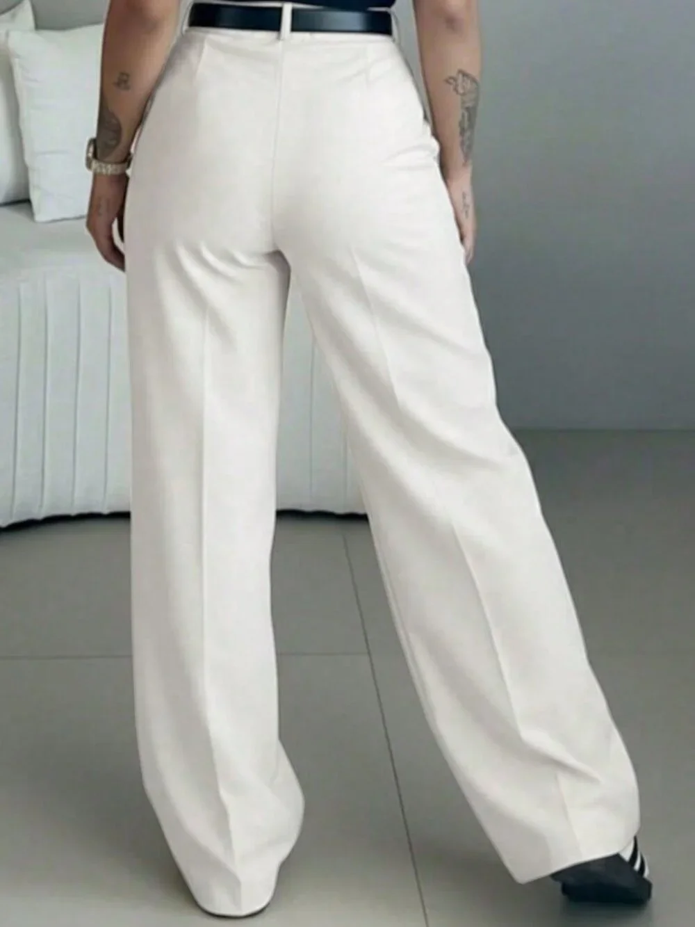 White Elegant Women's High Waist Slim Fit Wide Leg Pants